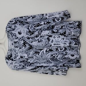 All Hours Black & White Print Silver Iridescent Dots Pullover Top L